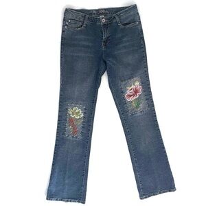 Embroidered Blue AB JEANS Flowers Distressed Denim Artsy Patchwork, size 10